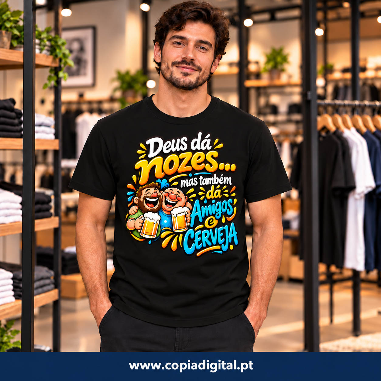 T-shirt preta estampada com deus dá nozes....