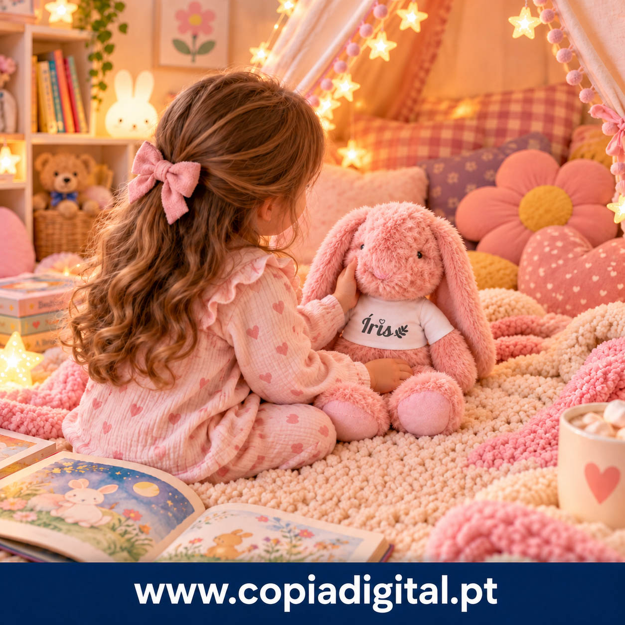 Coelhinho de Peluche Rosa  com bordado personalizado – 51 cm de Pura Ternura!